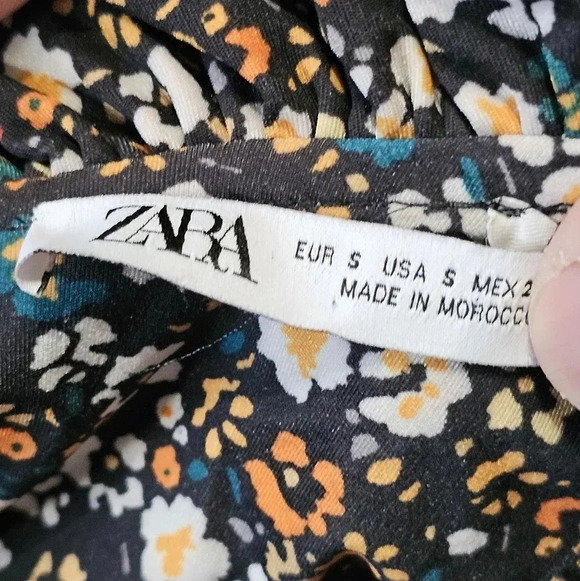 Zara Black Floral Mini Dress Bell Sleeves Ruffle Neck Cottagecore Boho Size S - Picture 4 of 7